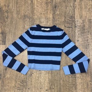 Zara Navy and Light Blue Striped Crop Long Sleeve Tee